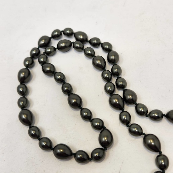 Gunmetal Gray Glass Bead Strand Long Necklace Black Rhinestone Clasp Hand Knot - Picture 4 of 5